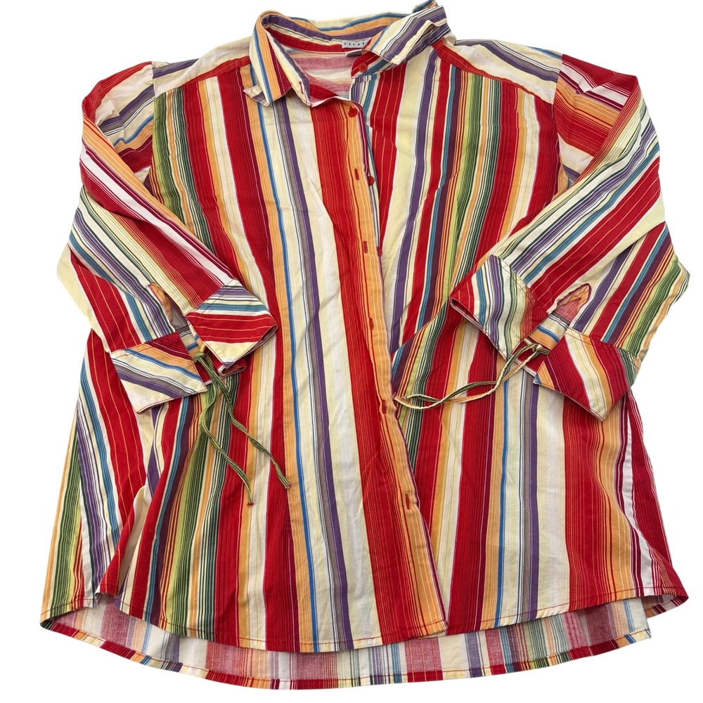 Carolina coulor Plus Women 22/24W Rainbow Striped Button Down Shirt Tie Cuff Red